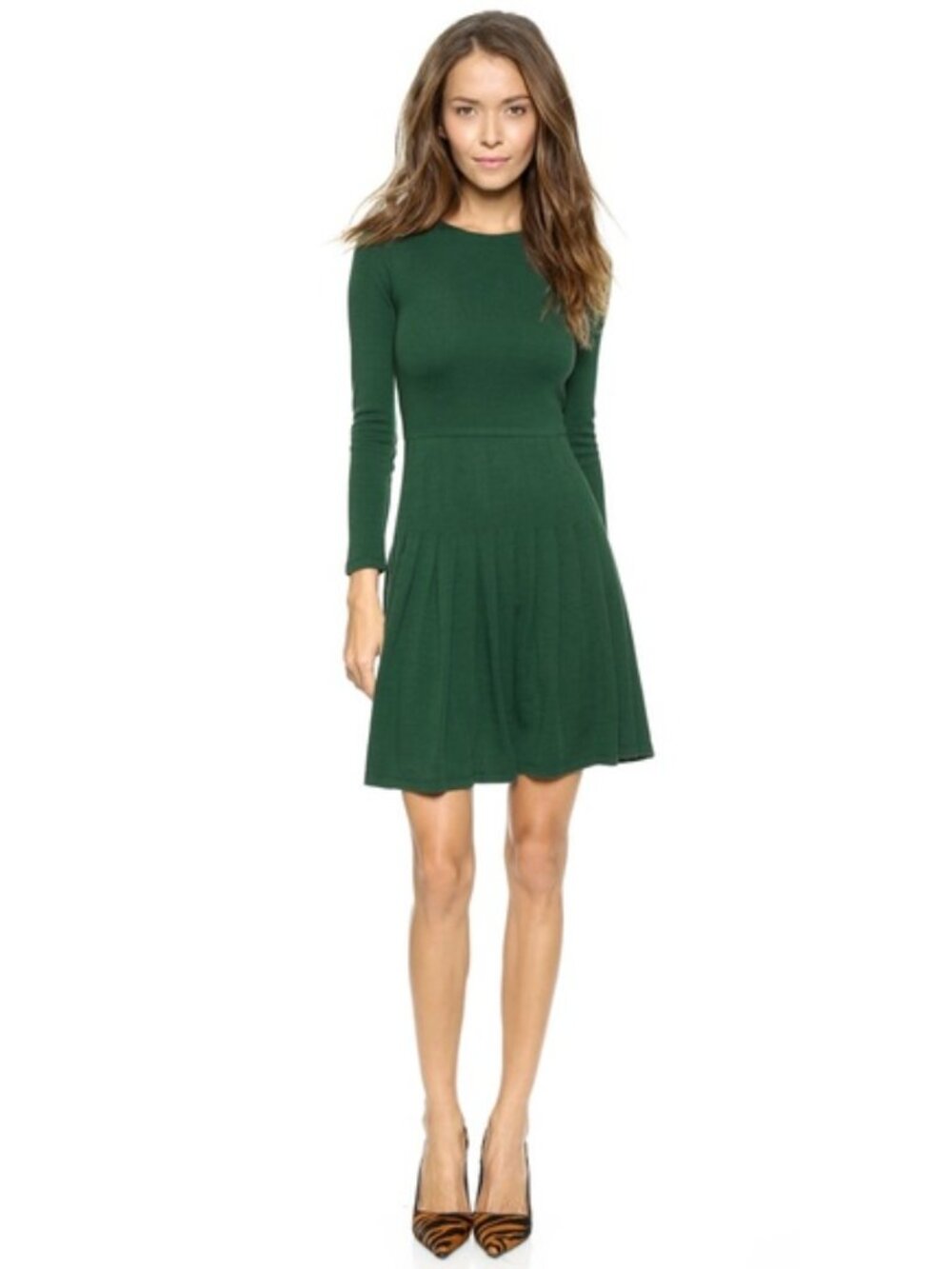 Alice + Olivia Dark Green Pleated Long-Sleeve Dress - Size 2